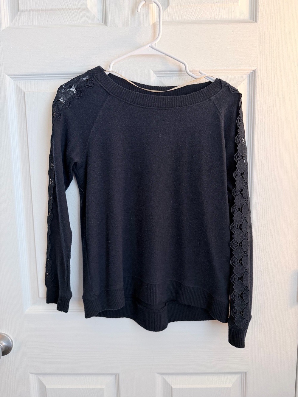 Democracy Navy Scoop-Neck Sweater with Lace-Trimmed Sleeves